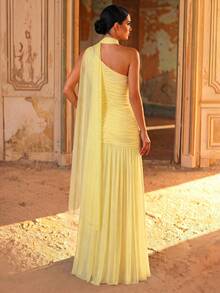 Aureia One-Shoulder Ruched Draped Design Elegant Bridesmaid Formal Evening Gown (Heavy Embellished Style) - Yellow - View 2