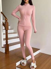 SHEIN EZwear 秋冬抓絨內裡拉鍊夾克與內搭褲休閒兩件套 - 粉色 - 查看 5