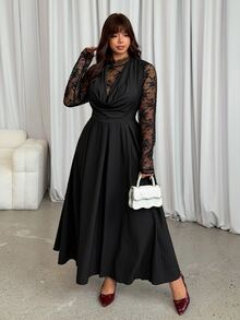 GalTyme Plus Size Women's Lace Patchwork Pleated Casual Party Dress - Black - View 4