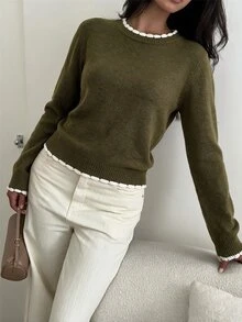 SHEIN BASICS Women Sweaters Office Brunch Olive Green Autumn French - Green - View 5