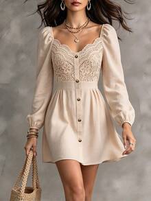 Cévolie Women's Solid Color Button Decor Lace Patchwork Long Sleeve Simple Versatile Dress - Apricot - View 8