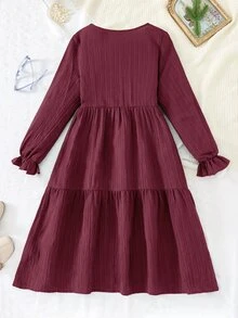 SHEIN 青少年女孩編織寬鬆休閒圓領洋裝，紅色 - 酒紅色 - 查看 2