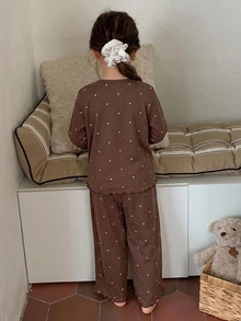 Hapijoa 波點寬鬆T恤 + 直筒長褲套裝（女童居家服） - 棕色 - 查看 2