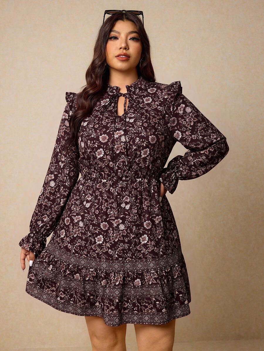 Elaquor Plus Size Women's Spring/Autumn Vacation Style Full Floral Print Tie Neck Ruffle Sleeve Cinched Waist Dress, Belt Not Included Fall - Brown - View 1