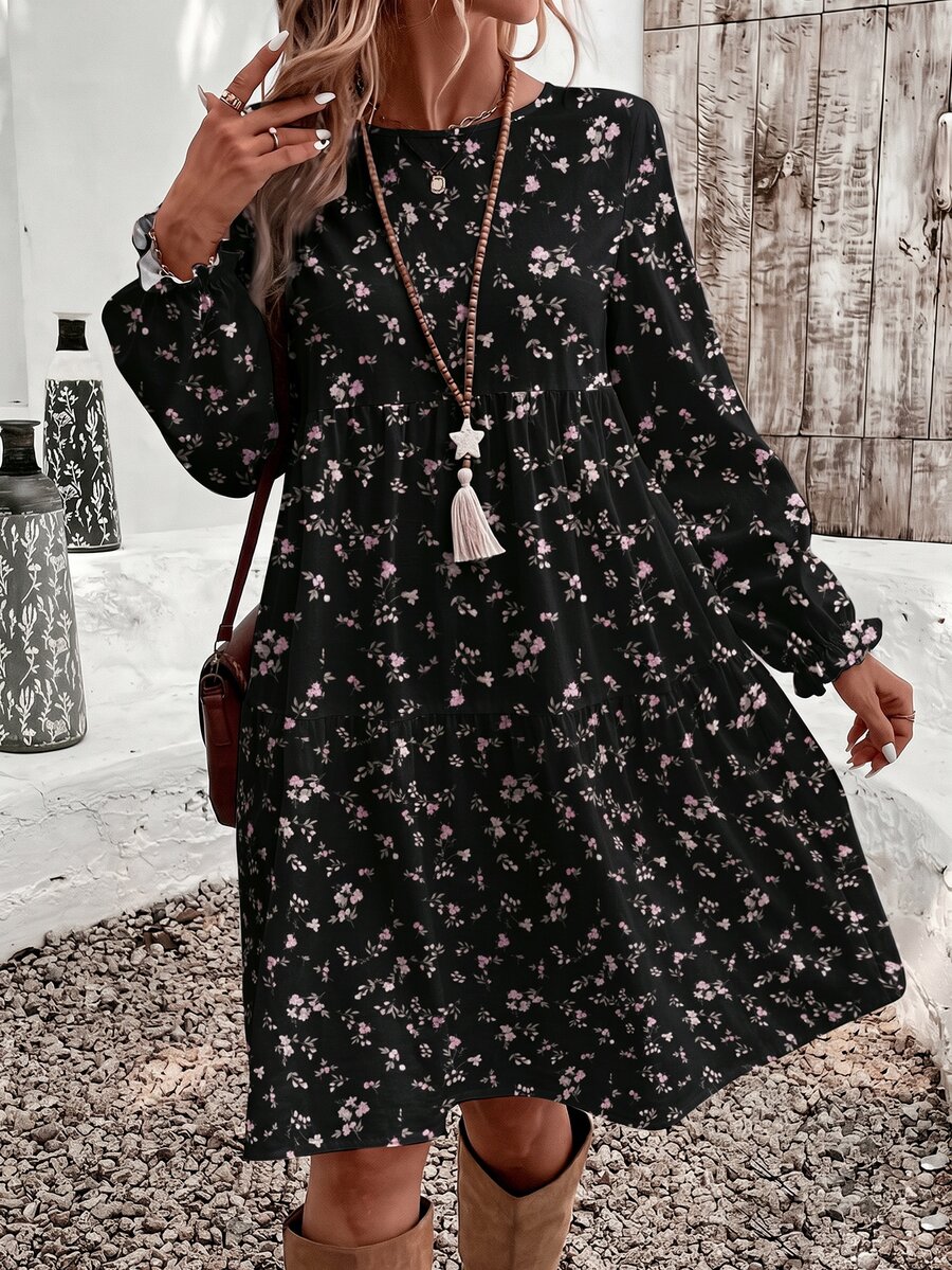 SHEIN VCAY Casual Minimalist Ditsy Floral Pattern Loose Round Neck Plus Size Dress Suitable For Autumn/Winter - Multicolor - View 1