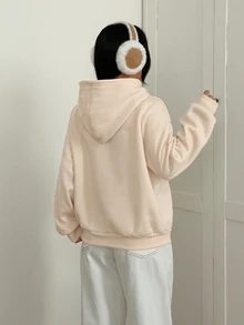 Feyla Casual Minimalist Printed Pattern Apricot Hooded Long Sleeve Loose Thick Sweatshirt For Women - Apricot - View 2
