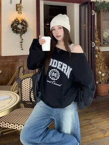 DAZY Women's Letter Print Asymmetrical Shoulder Drop Sleeve Casual Loose Sweatshirt - Black - View 9
