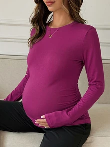 Dazy Maternity Solid Color Slim Fit Round Neck Long Sleeve Casual Soft Vacation Korean Style Spring Autumn Maternity T-Shirt Formal Photoshoot White - Burgundy - View 6