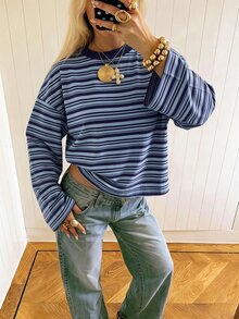 SHEIN EZwear Women's Striped Casual Versatile Daily Long Sleeve T-Shirt - Blue - View 3