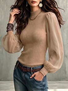 Wandoria French Style Semi-High Neck Ribbed Knit Body With Chiffon Patchwork Puff Long Sleeve Slim Fit Flattering Commuter Elegant Base Layer Top - Khaki - View 5