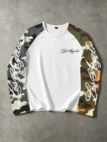 Manfinity EMRG Áo thun cổ tròn dáng rộng chất liệu polyester, tay raglan dài họa tiết camo phối màu tương phản, phong cách streetwear thường ngày - Nhiều màu - Xem 1