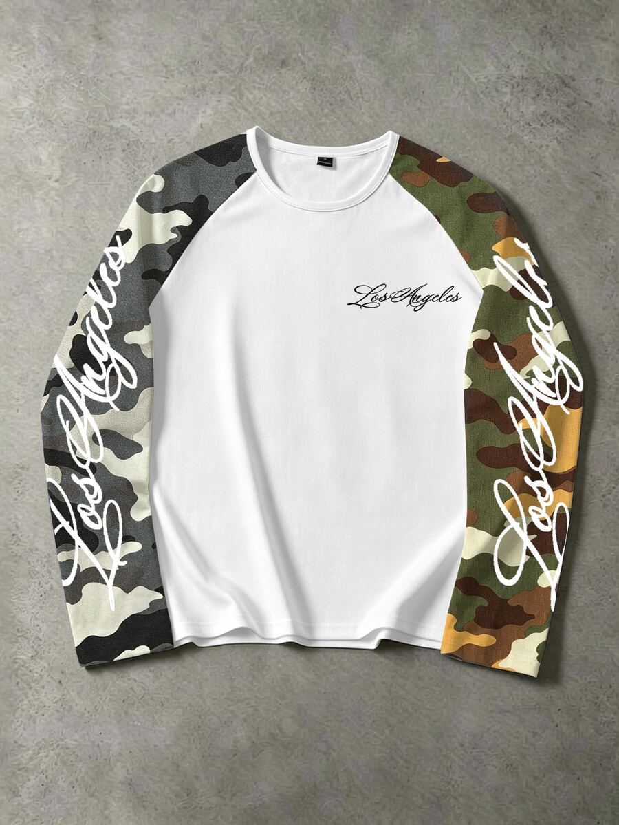 Manfinity EMRG Áo thun cổ tròn dáng rộng chất liệu polyester, tay raglan dài họa tiết camo phối màu tương phản, phong cách streetwear thường ngày - Nhiều màu - Xem 1