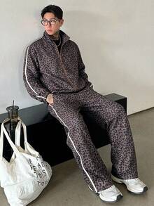 DAZY Spring/Autumn Brown Leopard Print Side Seam Contrast Webbing Streetwear Elastic Waist Pants & Jacket Set For Men - Brown - View 4