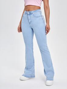 SHEIN EZwear Women's Casual Flared Leg Denim Jeans - Blue - View 4