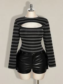 SHEIN ICON Plus Size Cutout Sexy Striped Colorblock Long Sleeve T-Shirt - Multicolor - View 3