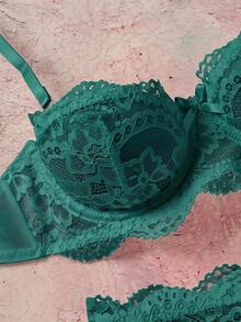 Elorette Women's Lace Spaghetti Strap Bra, Triangle Panty And Tights Sexy Lingerie Set - Dark Green - View 5