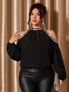 Cravure 大尺碼女款優雅黑色圓領長袖露肩拼接銀色亮片飾邊派對休閒襯衫，適合浪漫約會、度假、休閒穿著、通勤穿搭、辦公穿著、時尚派對上衣、黑色襯衫、女款基礎上衣、秋季服飾、女款萬聖節裝扮、節日穿搭 - 黑色 - 查看 6