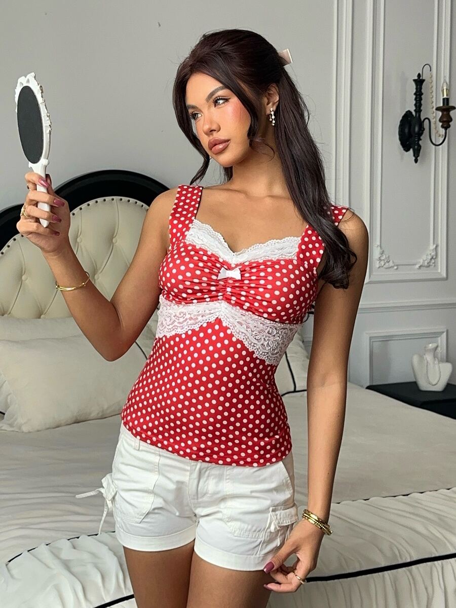 CovetEZ 女款度假休閒波點印花蕾絲拼接背心 - 紅白色 - 查看 1