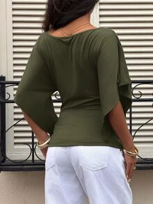 Siren Gaze 女款優雅秋季垂領短袖T恤，修身抓皺肩部上衣，適合早午餐、商務休閒辦公穿著襯衫 - 軍綠色 - 查看 2