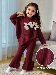 SHEIN Playful Pals 女嬰春秋冬季休閒親子套裝 T-shirt，不對稱套頭長袖高領刷毛淺酒紅羅紋布料 3D 花朵 - 酒紅色 - 查看 4