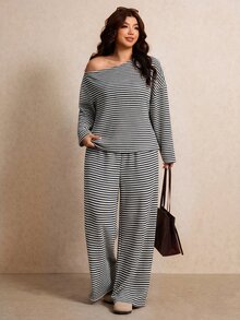 Elaquor Plus Size Women's Striped Asymmetrical Shoulder Long Sleeve T-Shirt And Pants Casual 2 Pieces Set Fall/Winter Casual Daily Going Out Office Work Sets - Black and White - View 3