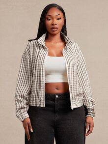 SHEIN SXY Áo khoác nữ size lớn họa tiết kẻ ô, kéo khóa, tay dài, mùa thu - Màu be - Xem 3