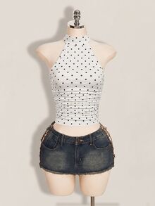 SHEIN ICON 女款波點印花修身休閒掛脖背心 - 白色 - 查看 5