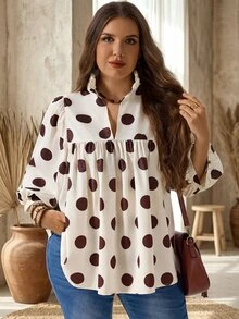 SHEIN CURVE+ 大尺碼法式波點印花百褶度假襯衫 - 棕色 - 查看 2