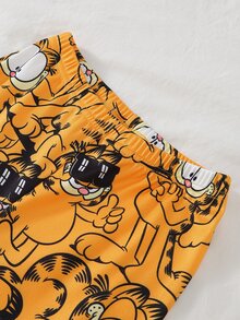 GARFIELD | SHEIN [Coffee Cat]2件組 男童時尚休閒經典黃色虎頭滿版印花圓領套頭長袖上衣與長褲，高彈性針織面料，修身舒適居家休閒套裝，適合居家與外出 - 黃色 - 查看 3