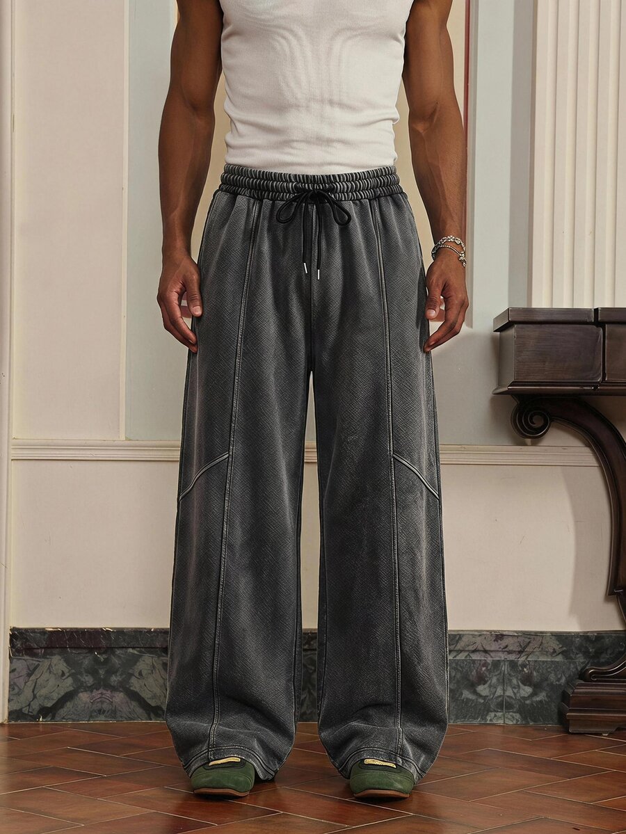 SWAVVY Men's Casual Loose Long Pants, Spring/Summer/Autumn, Standard Size, Embroidered Black Snow Wash - Grey - View 1