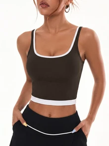 Slayform Slayform Women's Sports Yoga Outdoor Gym Tank Top With Adjustable Shoulder Straps And Contrast Color - Brown - View 3