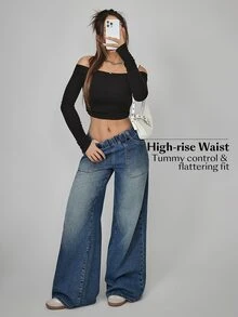 SHEIN Tall CURVE Plus Size Women's Elastic Waist Pocket Wide Leg Loose Casual Denim Jeans - Blue - View 7