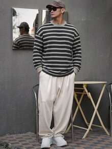 DAZY Spring/Autumn Black & Grey Striped Long Sleeve Ribbed Cuff Men's T-Shirt - Multicolor - View 3
