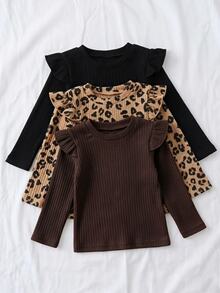 SHEIN 3件組女童幼兒秋冬時尚嬰兒粉 + 經典純黑色荷葉袖圓領長袖基礎層T恤返校上衣 - 彩色 - 查看 3