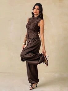 SHEIN Tall Setelan Blazer Kasual Wanita dengan Kancing Depan - Coklat - View 3