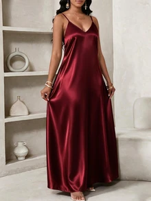 SHEIN Lady CURVE Plus Size Elegant Satin Spaghetti Strap Evening Dress - Burgundy - View 3