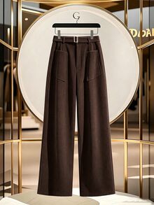 GlowEve Pocket Decor Waist Flared Leg Elegant Women Pants - Brown - View 4