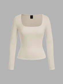 SHEIN EZwear 2件組女款素色方領長袖休閒T恤 - 彩色 - 查看 4