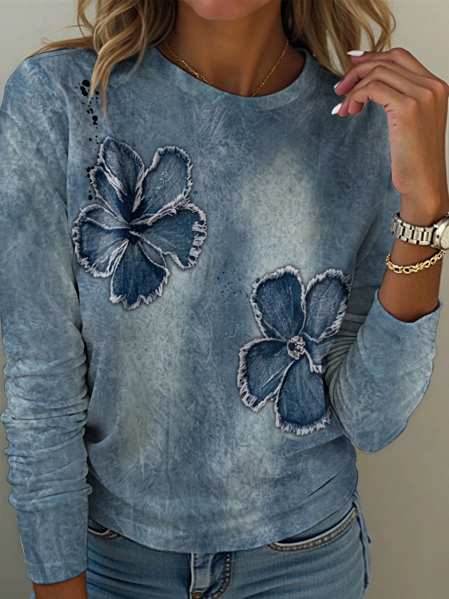 Breezaya Women's Printed Denim Effect Crew-Neck Long-Sleeve T-Shirt Fall - Multicolor - View 1