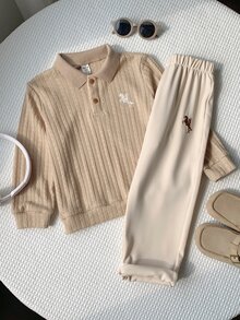 SHEIN 2件組小男孩秋冬休閒騎士印花運動衫與長褲套裝，秋冬校服套裝 - 彩色 - 查看 6