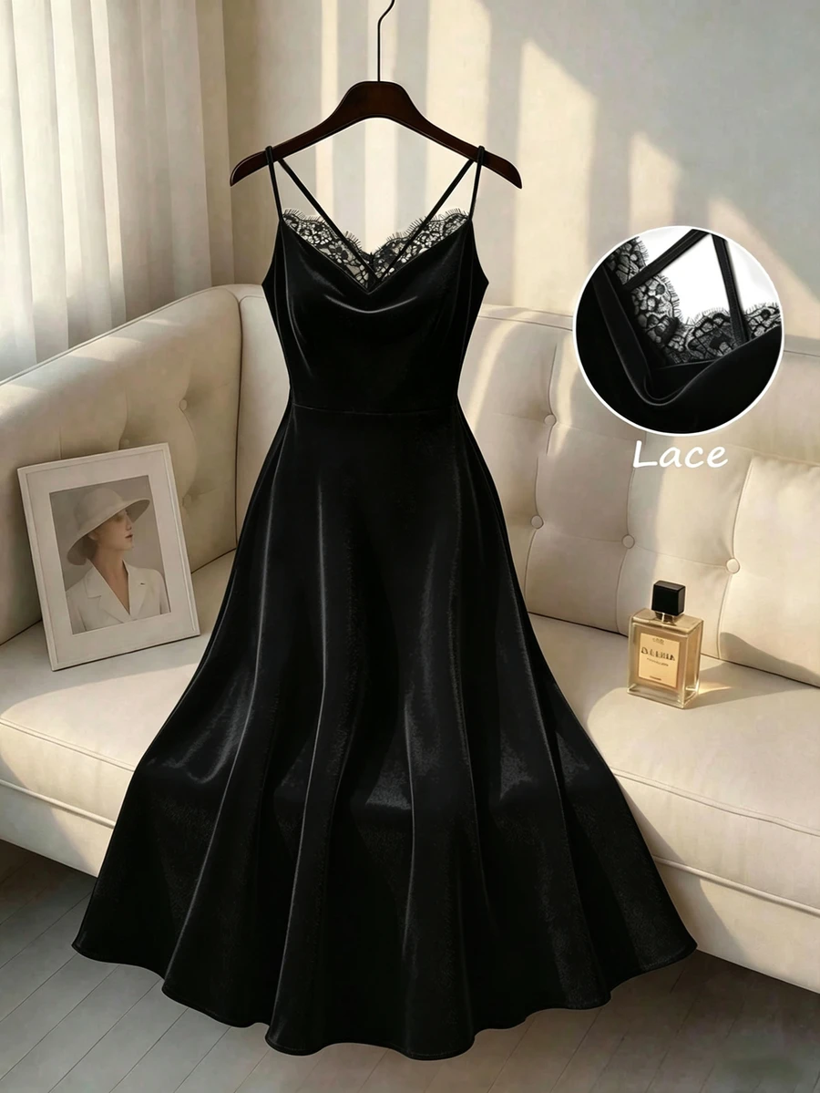 GlowEve CURVE Plus Size Women's Lace Patchwork Casual Party Spaghetti Strap Dress - Black - View 1