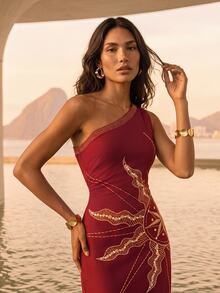 CAJUNI Red One-Shoulder Dress With Mystic Sun Print And Bead Details - Burgundy - View 3