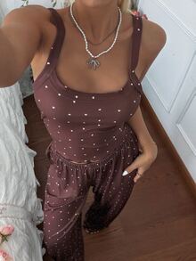 CottageSlumber Women's Fashion Minimalist Heart Print Camisole Top & Long Pants Pajama Set - Coffee Brown - View 3