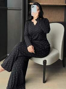 Dazy Plus Fashion Polka Dot Casual Minimalist Long Sleeve Top & Pants 2-Piece Set Loungewear Pajama Set - Black - View 1