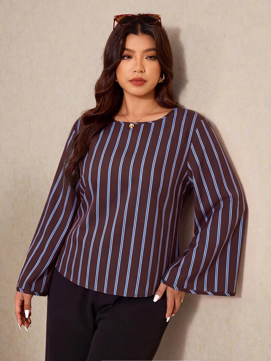 Elaquor Plus Size Women's Striped Colorblock Fashion Vacation Top - Multicolor - View 1