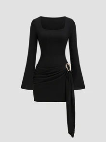 Sweetra Autumn/Winter New Arrival Knitted Textured Solid Color Vintage Square Neck Slim Fit Flattering Metal Button Dress - Black - View 1