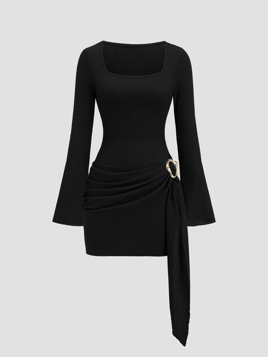 Sweetra Autumn/Winter New Arrival Knitted Textured Solid Color Vintage Square Neck Slim Fit Flattering Metal Button Dress - Black - View 1