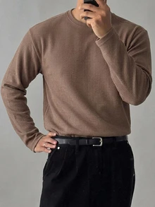 DAZY 春秋款華夫格紋布料圓領白色男士T恤 - 咖啡棕 - 查看 4
