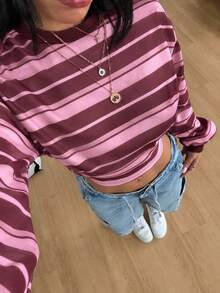 Coolane 女款秋季四季通用外出休閒可愛復古日常穿著返校條紋拼色粉色修身長袖收腰上衣 - 粉色 - 查看 6