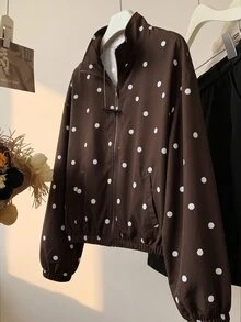 SHEIN 青少年女孩秋季新款波點圖案寬鬆立領夾克外套 - 棕色 - 查看 3